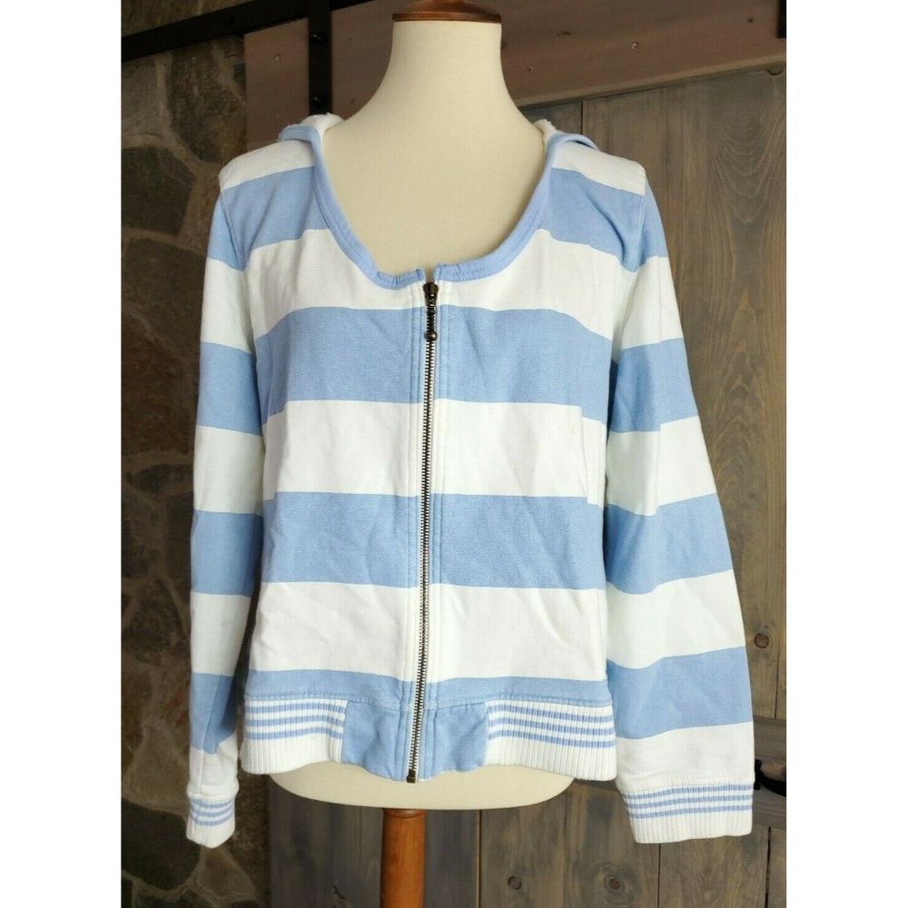 Orvis Hooded Sweatshirt Hoodie Blue Stripped Size L Front Zip Long Sleeve